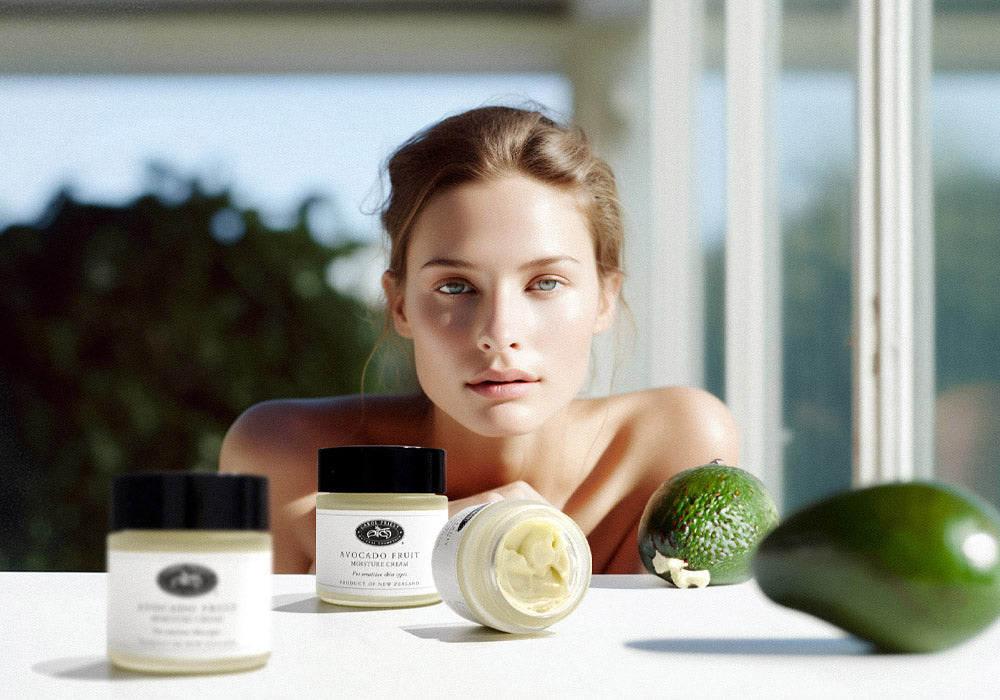 Carol Priest's model showcasing the avocado moisturizing cream, nature's treasure for radiant skin.