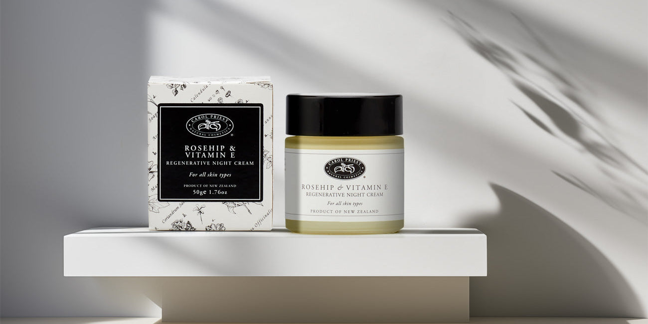 Close-up view of the soothing soft pink texture in Carol Priest's Rosa Damascena Night Balm, part of the brand's comprehensive night care offerings.