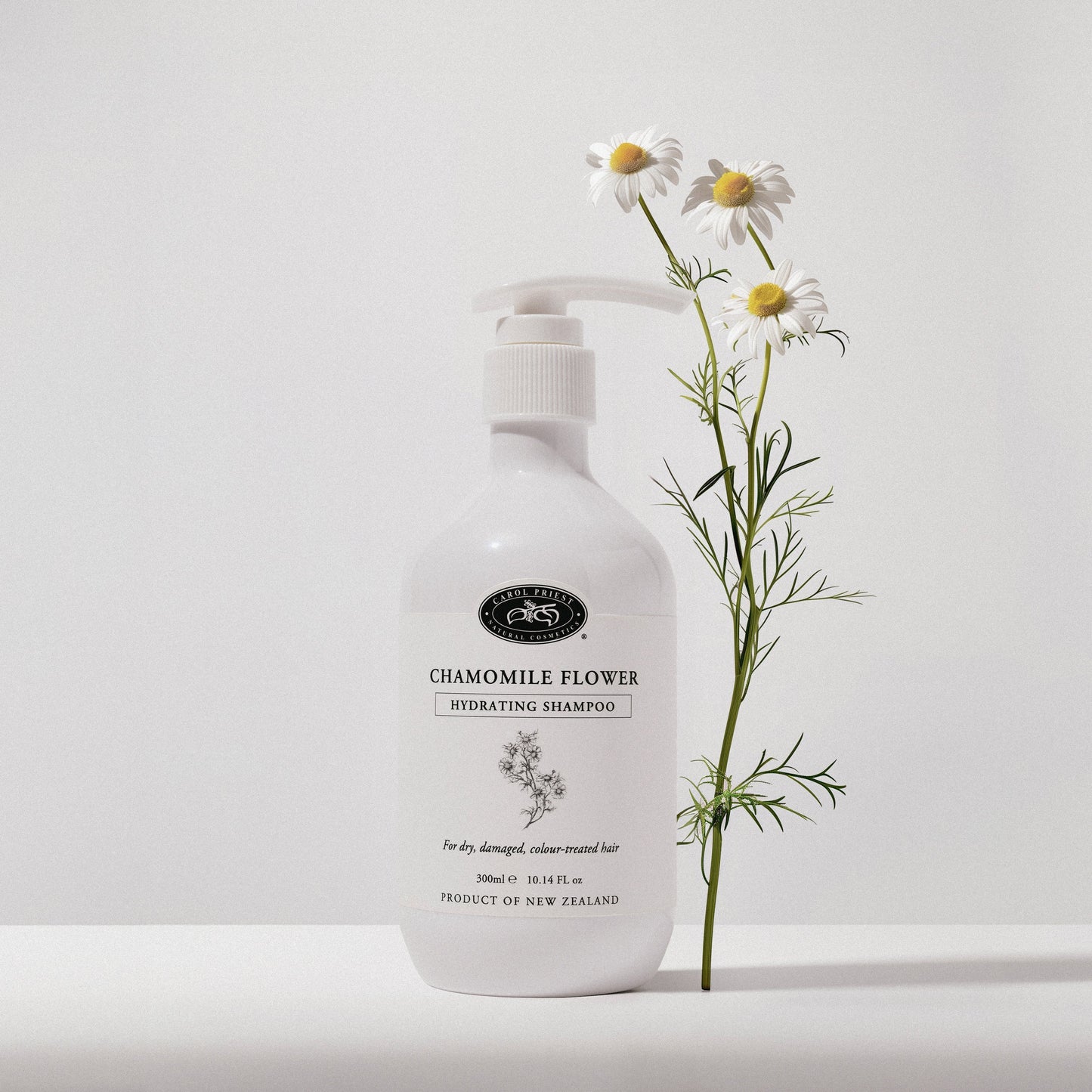 Carol Priest Chamomile Flower Hydrating Shampoo with chamomile, baobab peptides, provitamin B5 and Manuka honey