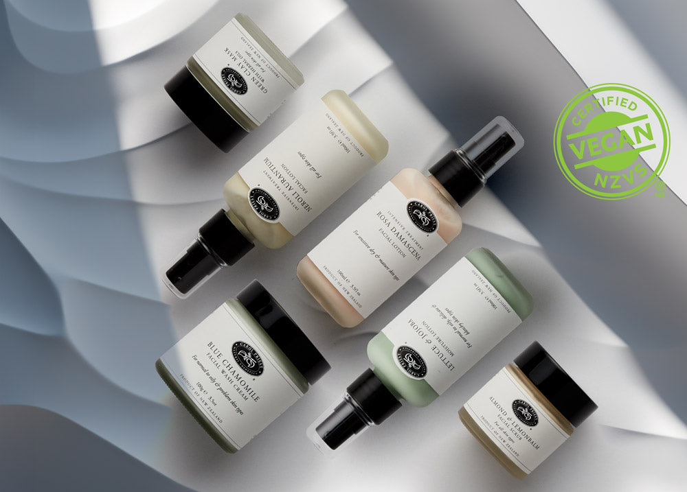 Six Carol Priest products displaying vegan certification, reflecting the brand's commitment to cruelty-free skincare.