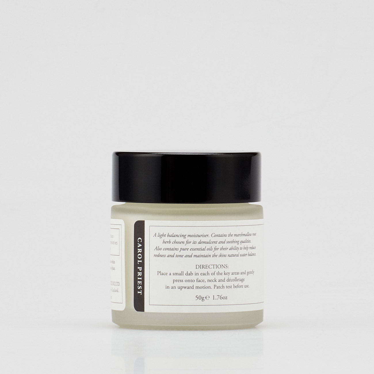 photo showcasing the back of Marshmallow Root Day Moisture Cream by Carol Priest, a natural, organic cosmetic
