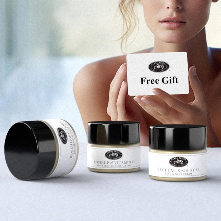 Carol Priest, representing natural and organic cosmetics, announces promotions while displaying a free gift card.