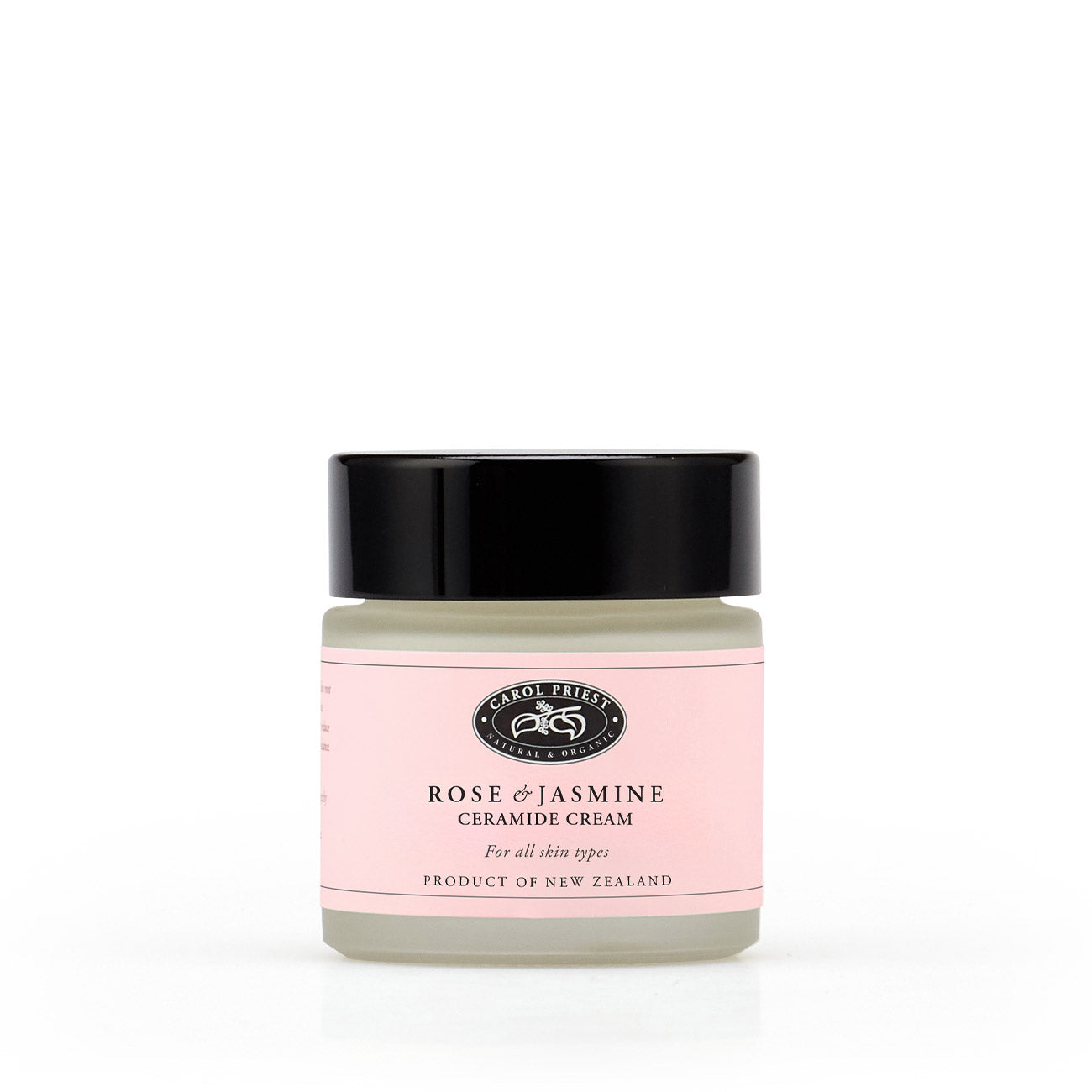 Front photo of CAROL PRIEST Rose & Jasmine Ceramide Cream, moisturiser infused with 3% ceramide complex, rosa damascena, jasminum grandiflorum, marshmallow root extracts