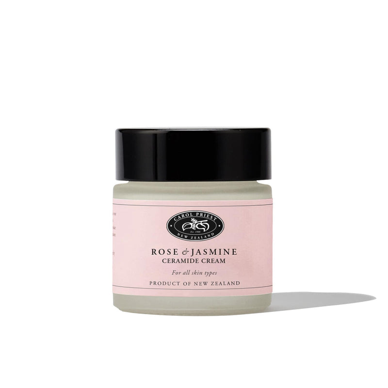 Front photo of CAROL PRIEST Rose & Jasmine Ceramide Cream, moisturiser infused with 3% ceramide complex, rosa damascena, jasminum grandiflorum, marshmallow root extracts