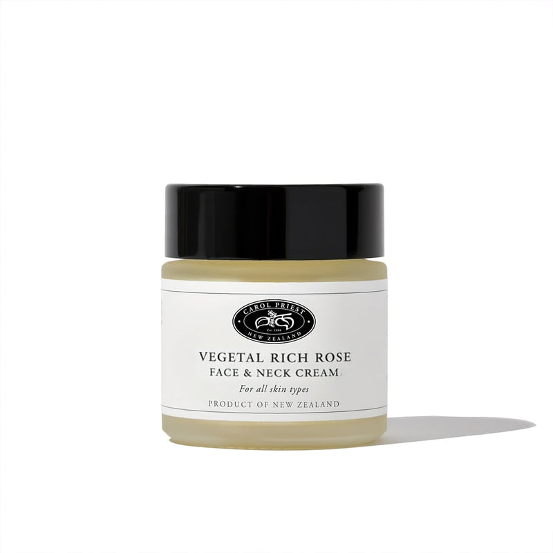 photo showcasing the front of vegetal rich rose face & neck cream by Carol Priest, a natural, organic cosmetic